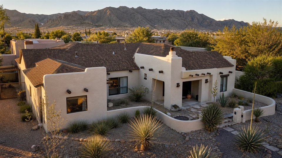 Brown architectural shingle roof on a Pueblo-style El Paso home