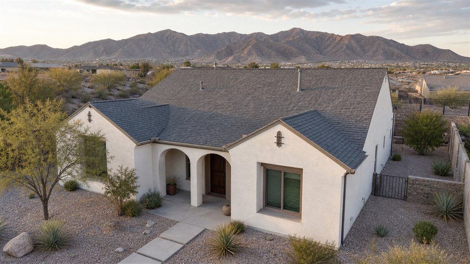 Aerial view of a completed tan dimensional shingle roof